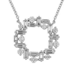 18k White Gold Baguette and Round Diamond Circle Necklace 16-18", D=1.36tw